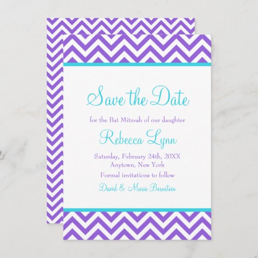 Chevron Paars Blauwgroen Blauw Bat Mitzvah Save th Save The Date (Voorkant / Achterkant)