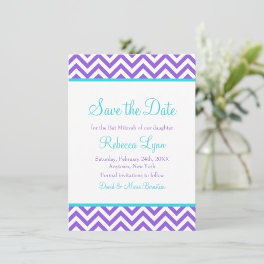 Chevron Paars Blauwgroen Blauw Bat Mitzvah Save th Save The Date (Staand voorkant)