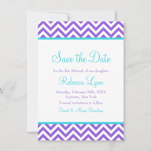 Chevron Paars Blauwgroen Blauw Bat Mitzvah Save th Save The Date (Voorkant)
