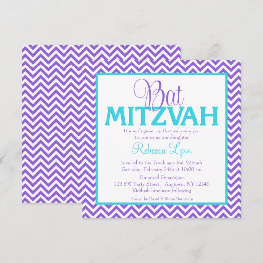 Chevron Paars Blauwgroen Blue Bat Mitzvah Invitati Kaart (Voorkant / Achterkant)