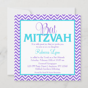 Chevron Paars Blauwgroen Blue Bat Mitzvah Invitati Kaart