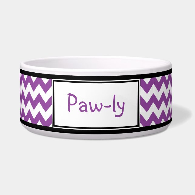 Chevron Paars en White Personalized Dog Bowl Voerbakje (Voorkant)