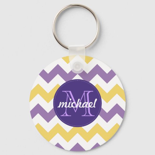 Chevron Paars Gele Monogrammed Circle Stitches Sleutelhanger (Voorkant)