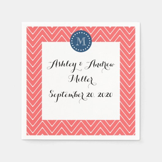 Chevron Patroon 2A Monogram Koraal, Navy Blauw Servetten (Voorkant)