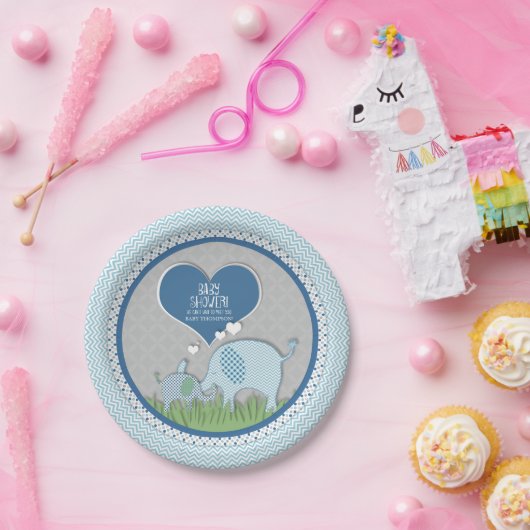 Chevron Patroon Elephant Hearts Baby Boy Shower Papieren Bordje (Feest)