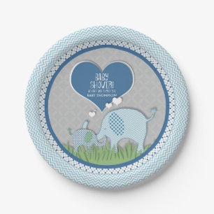 Chevron Patroon Elephant Hearts Baby Boy Shower Papieren Bordje