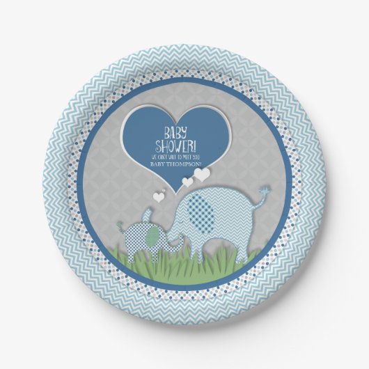Chevron Patroon Elephant Hearts Baby Boy Shower Papieren Bordje (Voorkant)