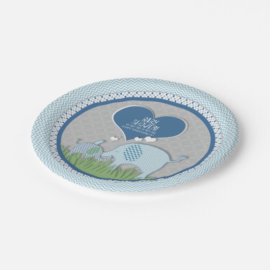 Chevron Patroon Elephant Hearts Baby Boy Shower Papieren Bordje (Gekanteld)