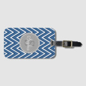 Chevron Patroon Marine Blauw en Grijs Monogram Bagagelabel (Voorkant (horizontaal))