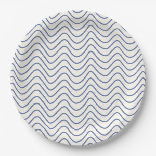 Chevron Patroon Minimale lijn blauw op Crème Wit Papieren Bordje