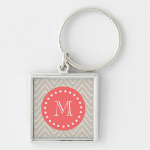 Chevron Pattern 2A Monogram Beige Coral Sleutelhanger