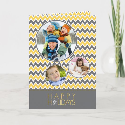 Chevron Pattern Family Holiday Kaart (geel/grijs) (Voorkant)