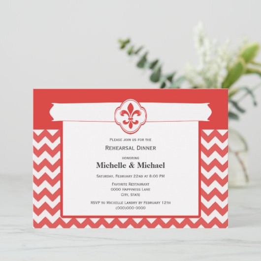Chevron Pattern Fleur de Lis Event Red en White Kaart (Staand voorkant)