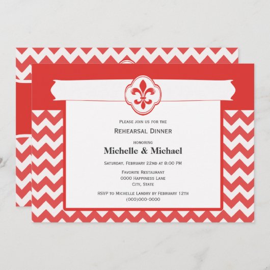 Chevron Pattern Fleur de Lis Event Red en White Kaart (Voorkant / Achterkant)