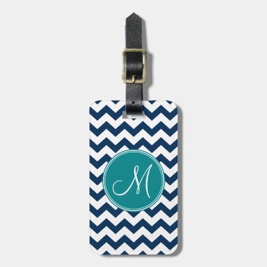 Chevron Pattern met monogram - Blauwgroen marinema Bagagelabel (Voorkant verticaal)