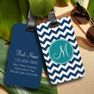 Chevron Pattern met monogram - Blauwgroen marinema Bagagelabel
