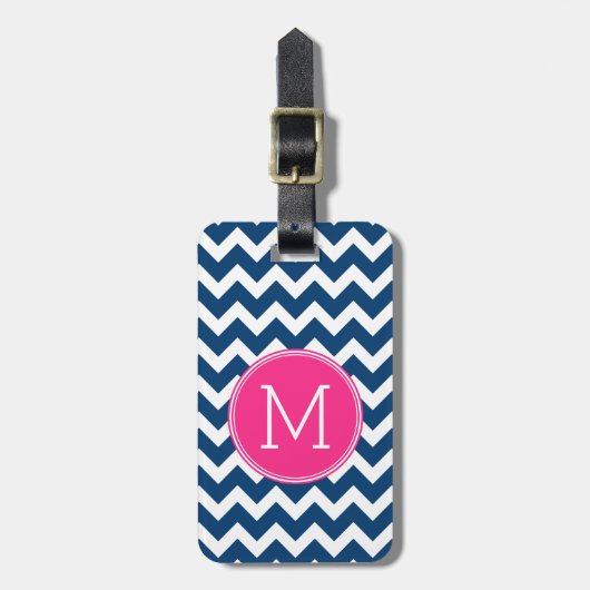 Chevron Pattern met monogram - magenta op de marin Bagagelabel (Voorkant verticaal)