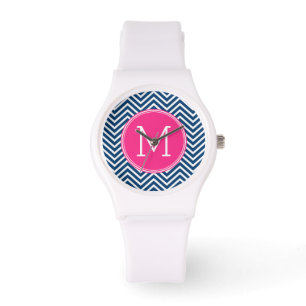 Chevron Pattern met monogram - magenta op de marin Horloge