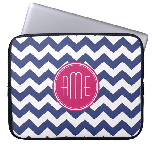 Chevron Pattern met monogram - magenta op de marin Laptop Sleeve (Voorkant)