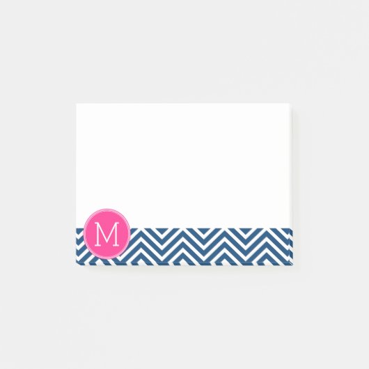 Chevron Pattern met monogram - magenta op de marin Post-it® Notes (Voorkant)