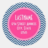 Chevron Pattern met monogram - magenta op de marin Ronde Sticker (Voorkant)