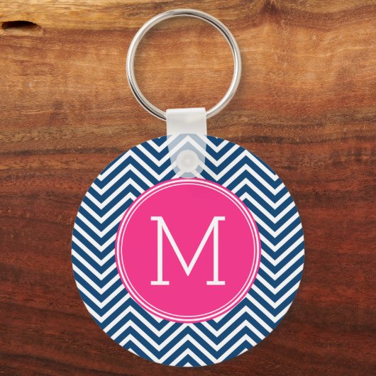 Chevron Pattern met monogram - magenta op de marin Sleutelhanger (Voorkant)