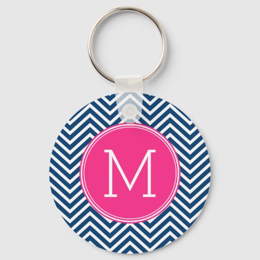 Chevron Pattern met monogram - magenta op de marin Sleutelhanger (Achterkant)