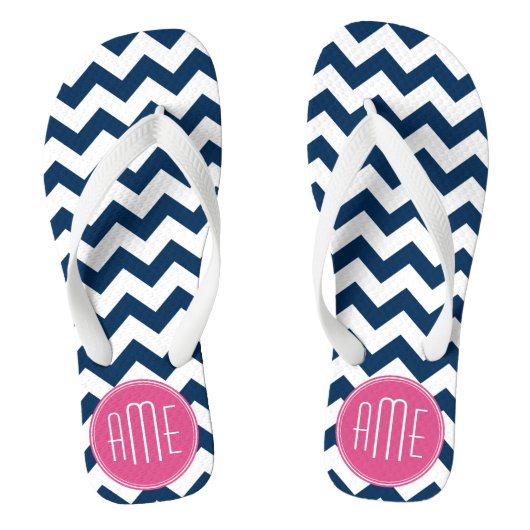 Chevron Pattern met monogram - magenta op de marin Teenslippers (Voetbed)