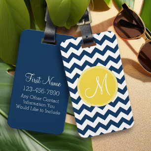 Chevron Pattern met monogram - marinegeel Bagagelabel