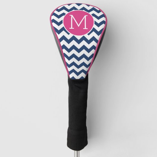 Chevron Pattern met monogram - Navy Hot Pink Golfheadcover (Voorkant)