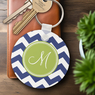 Chevron Pattern met monogram - Navy Limoen Sleutelhanger