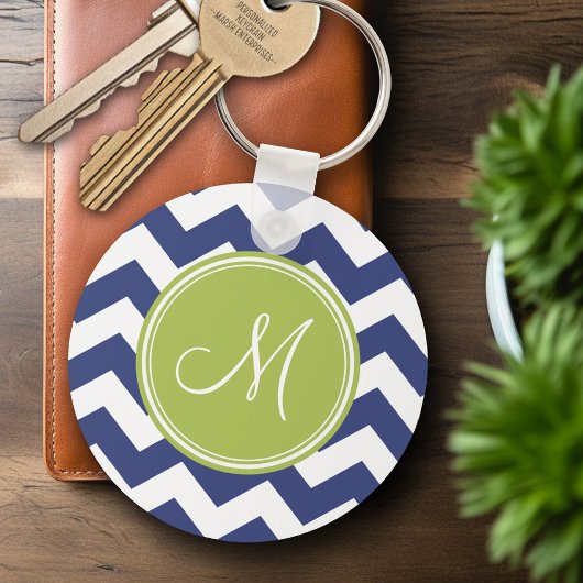 Chevron Pattern met monogram - Navy Limoen Sleutelhanger