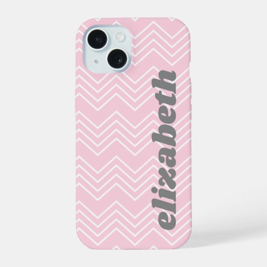 Chevron Pattern - Roze funky Script Naam iPhone 15 Case (Achterkant)
