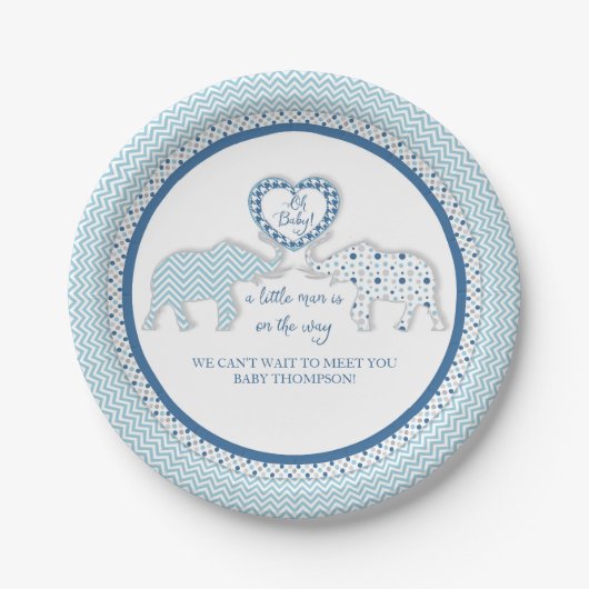 Chevron Patterned Elephants w Heart Oh Baby Boy Papieren Bordje (Voorkant)