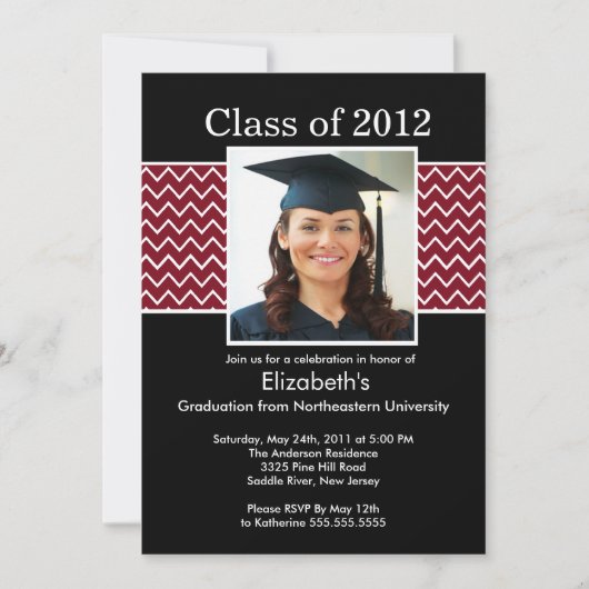 Chevron Photo Afstuderen Invitation - Maroon Black Kaart (Voorkant)