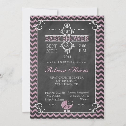 Chevron Pink Chalkboard Baby shower Uitnodiging (Voorkant)