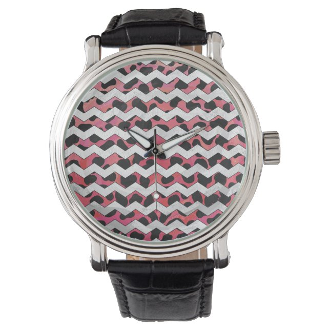 Chevron Pink en Black Dalmation Horloge (Voorkant)