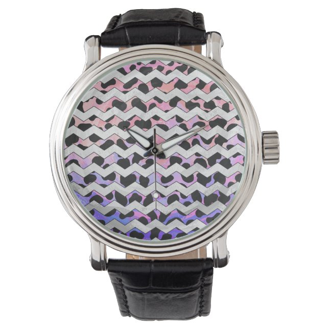Chevron Pink en Black Dalmation Horloge (Voorkant)