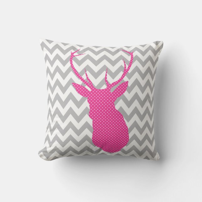 Chevron Pink en White Polka Dot Deer Silhouette Kussen (Voorkant)