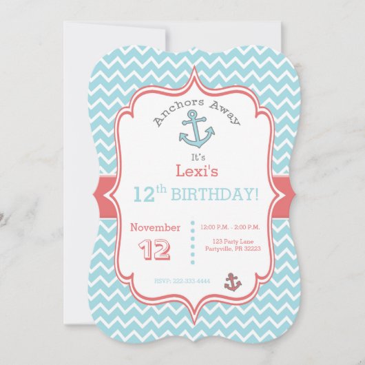 Chevron print Anker verjaardagsuitnodiging Kaart (Voorkant)