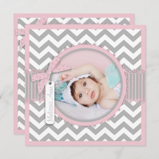 Chevron Print Baptism Invitation Photo Card SQ-PK Kaart (Voorkant / Achterkant)