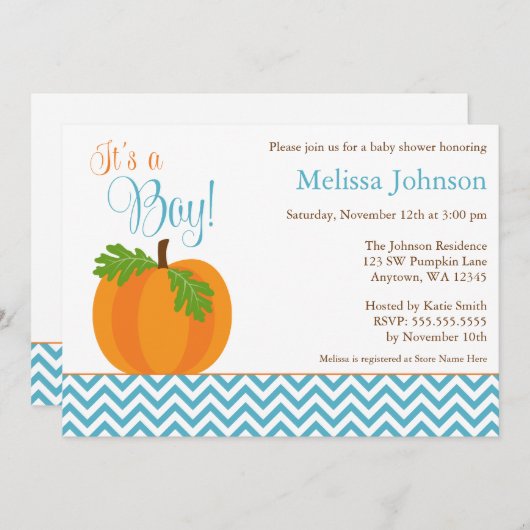 Chevron Pumpkin Herfst Boy Baby shower Uitnodiging (Voorkant / Achterkant)