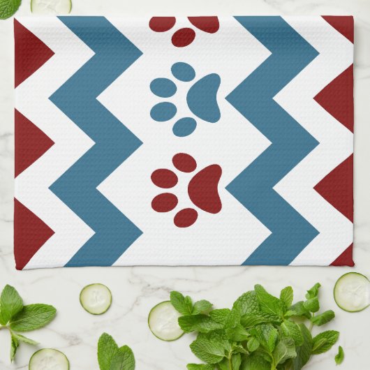 Chevron Red Blue Puppy Paw Hondenliefhebber Gifts Theedoek (Gevouwen)