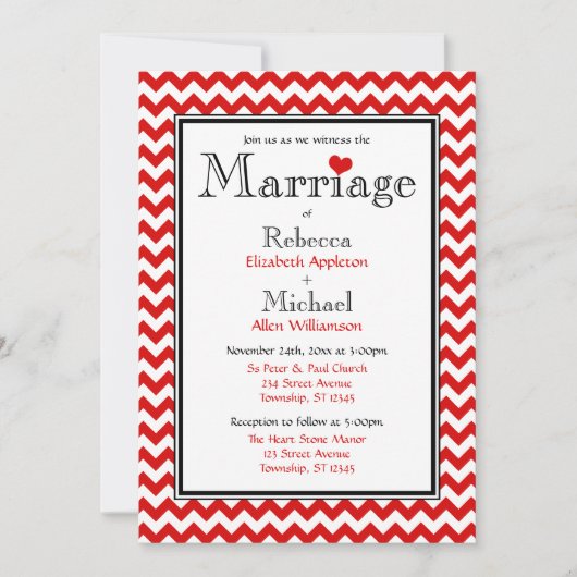 Chevron Red en White Wedding Invitations Kaart (Voorkant)