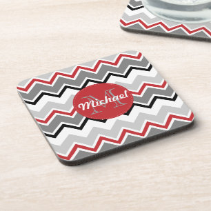 Chevron Red Gray Black Monogrammed Circle Stitches Drankjes Onderzetter