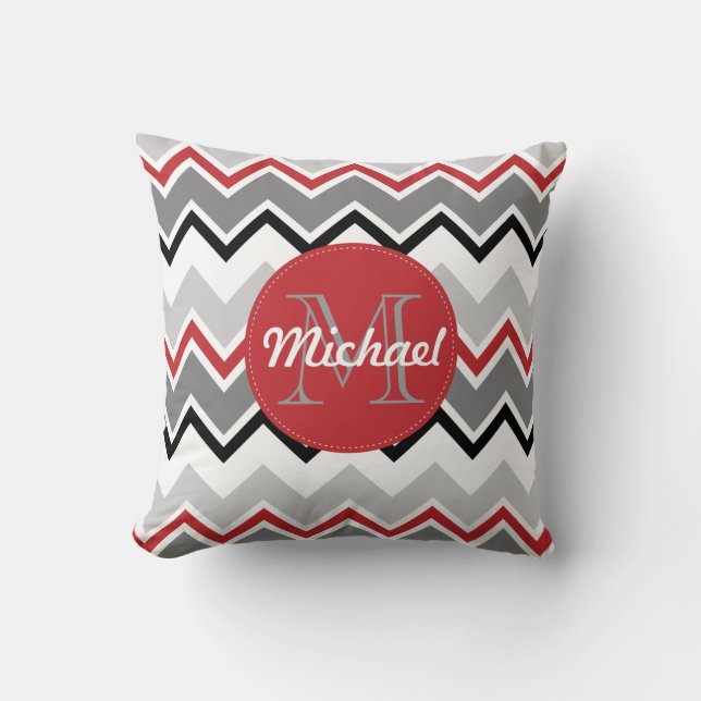 Chevron Red Gray Black Monogrammed Circle Stitches Kussen (Voorkant)