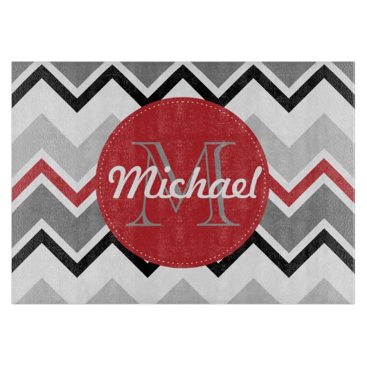 Chevron Red Gray Black Monogrammed Circle Stitches Snijplank (Voorkant)