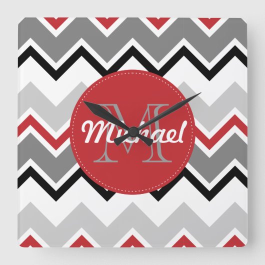 Chevron Red Gray Black Monogrammed Circle Stitches Vierkante Klok (Voorkant)