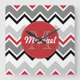 Chevron Red Gray Black Monogrammed Circle Stitches Vierkante Klok