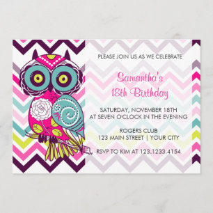 Chevron Retro Groovy Owl Birthday Party Kaart